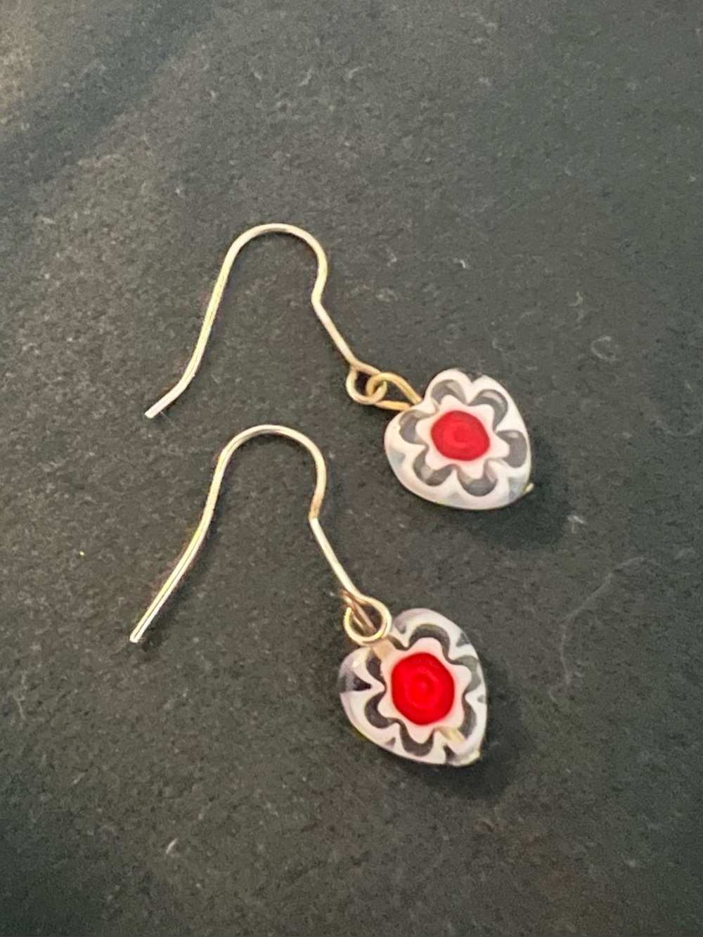 Red Heart Drop Earrings with Floral Accent
